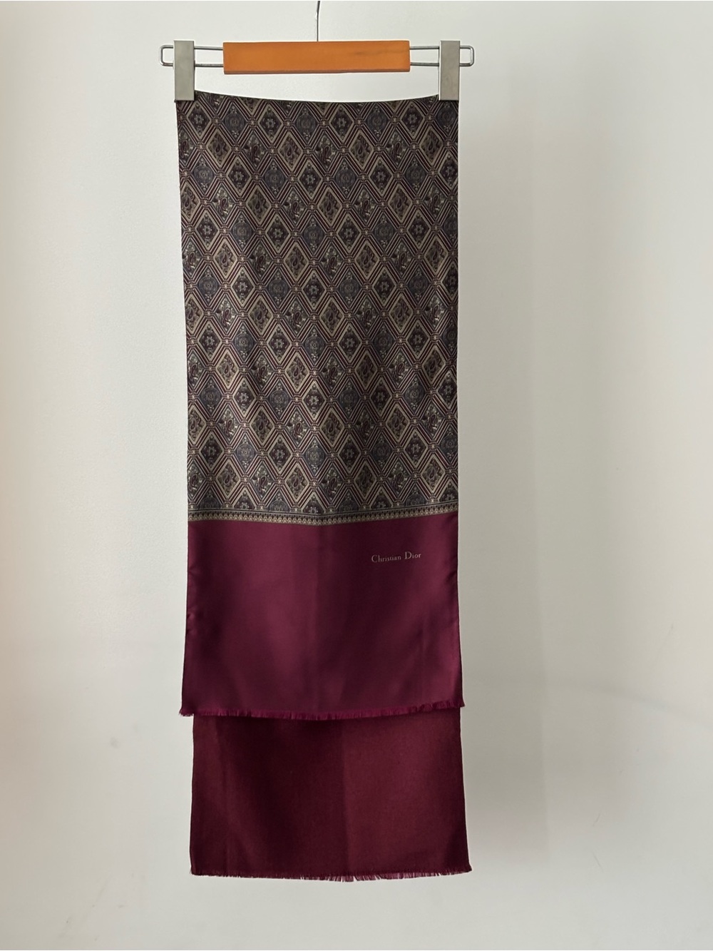 VTG Christian Dior Monsieur Burgundy Silk & Wool Diamond Pattern Dress Scarf